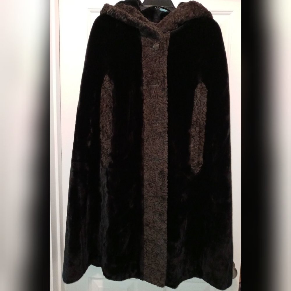 Country Pacer Sheared Mink and Persian Lamb Faux Fur Cape with Hood